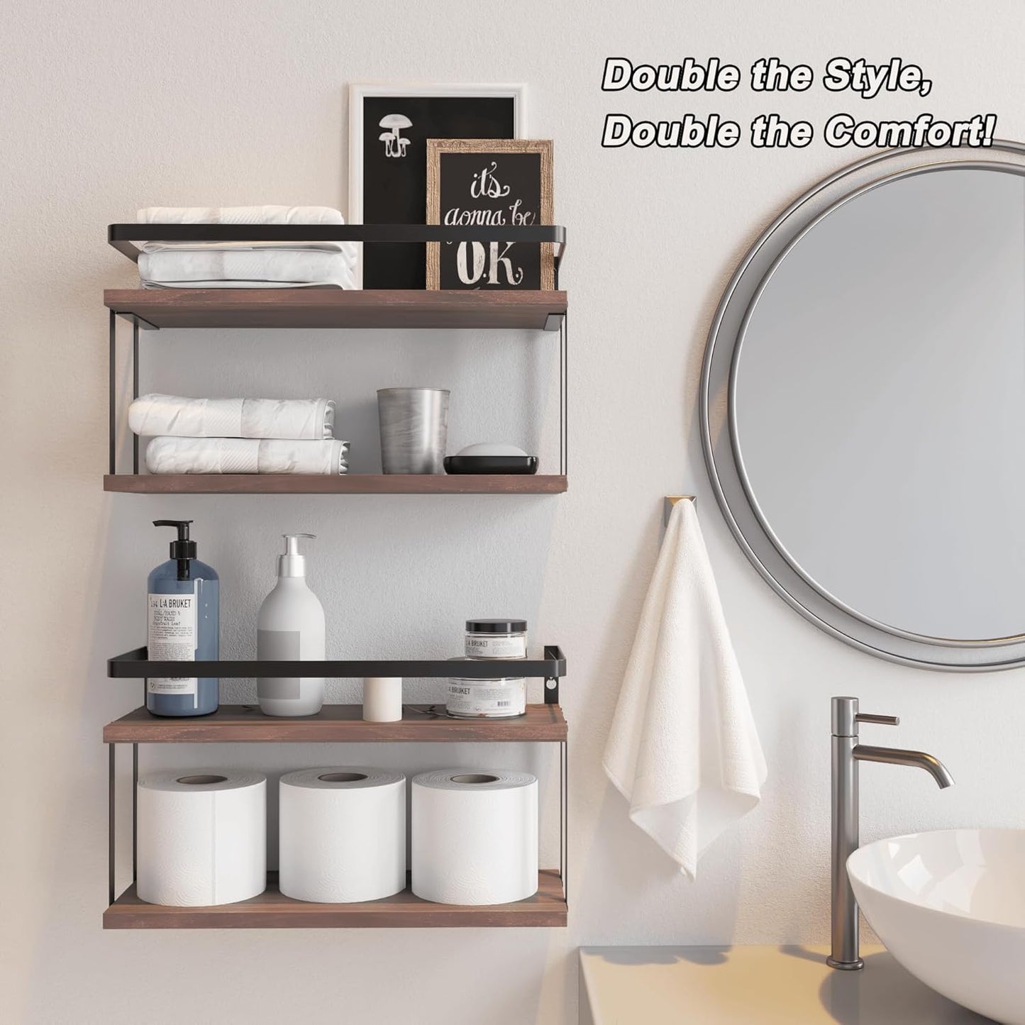 RICHER HOUSE Dual-Level Guardrail Bathroom Shelves, Wood Floating Shelf Wall Mounted, Over Toilet Paper Storage Shelf for Bathroom Wall Decor, Bathroom Organizers and Kitchen Storage - Rustic Brown