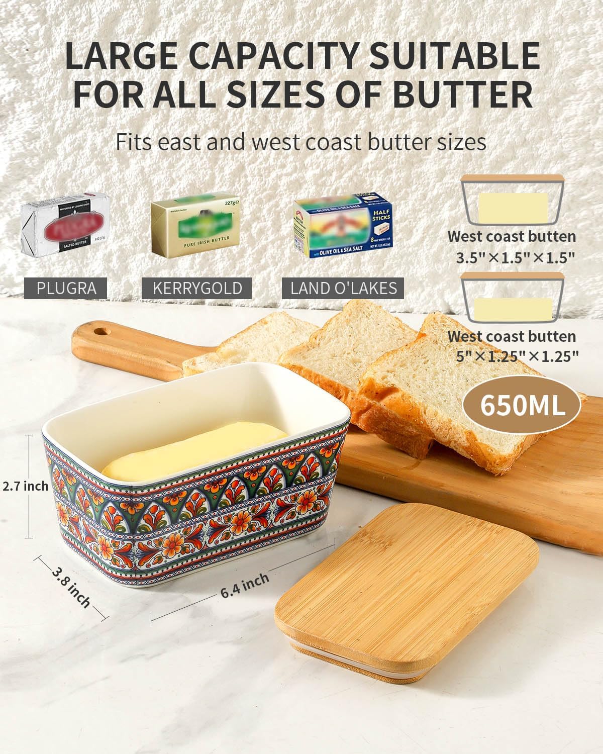 Hasense Bohemian Butter Dish, Farmhouse Ceramic Butter Dish with Lid for Fridge, Butter Container Holder with Cover or Fridge,Silicone Sealing, Holds Two Sticks of Butter, Green