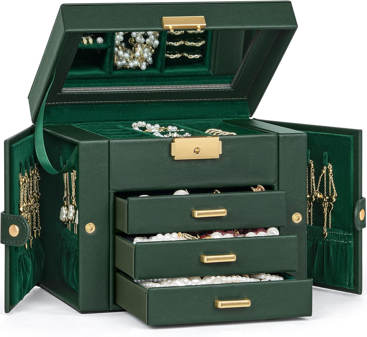 TORIBIO Jewelry Box for Women, Leather Jewelry Organizer with Mirror & Lock, 4-Tier Jewelry Storage Organizer with 3 Drawers for Girls/Women/Mothers, Necklace Earring Bracelets Holder Organizer