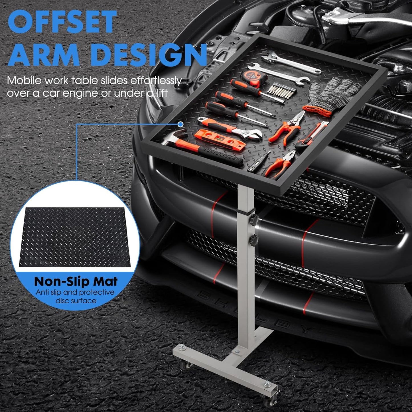 Adjustable Work Table with Wheels, Mechanic Rolling Tool Tray Table for Garage Repair Shops DIY, 220LBS Capacity Mobile Heavy Duty Steel Tool Cart (Gray)
