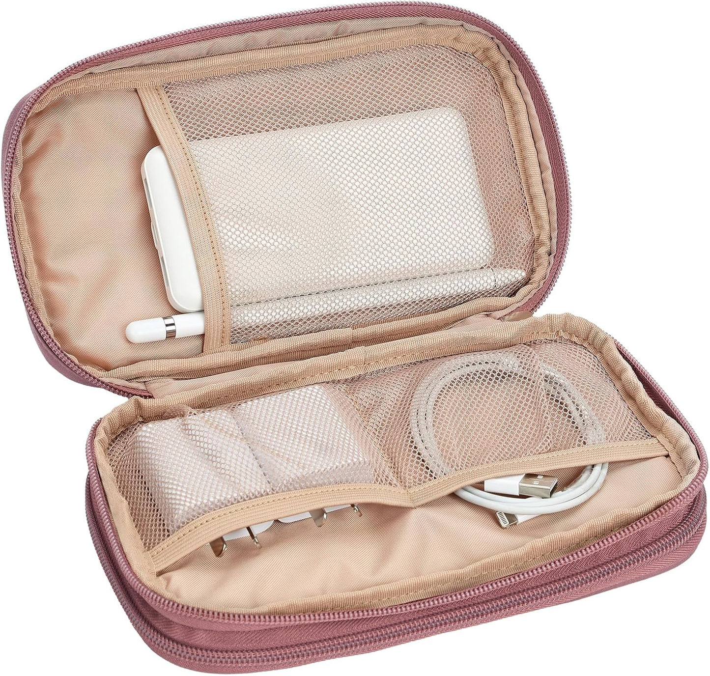 NISHEL Travel Cord Organizer Case, Double Layers Tech Electronic Case, Travel Essentials for Charger, Cable, Phone, Flash drive, Medium, Rose-wood Pink