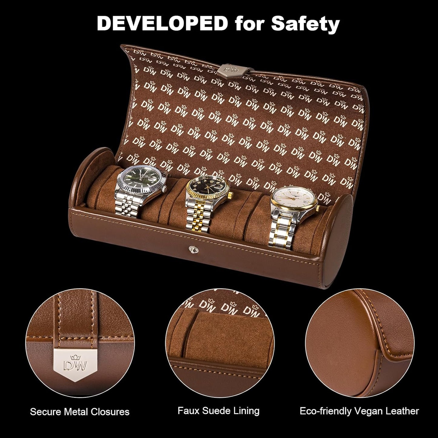 DUKWIN Watch Roll for 3 Watches, Vegan Leather Travel Watch Case Organizer with Removable Pillows for Men and Women,Display Case for Watches Collection and Gift for Anniversary Birthday(Brown Storage)