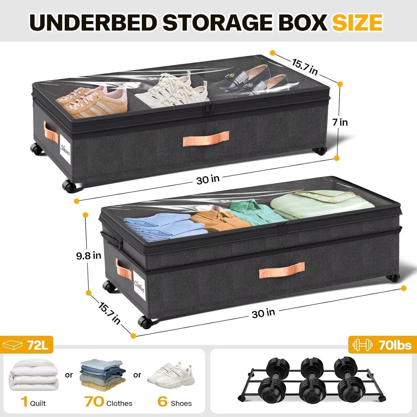 Under Bed Storage with Wheels, 2 Pack XXL Rolling Storage Containers, 10'' Adjustable Underbed Organizer with Lids for Clothes Blankets Shoes, Black