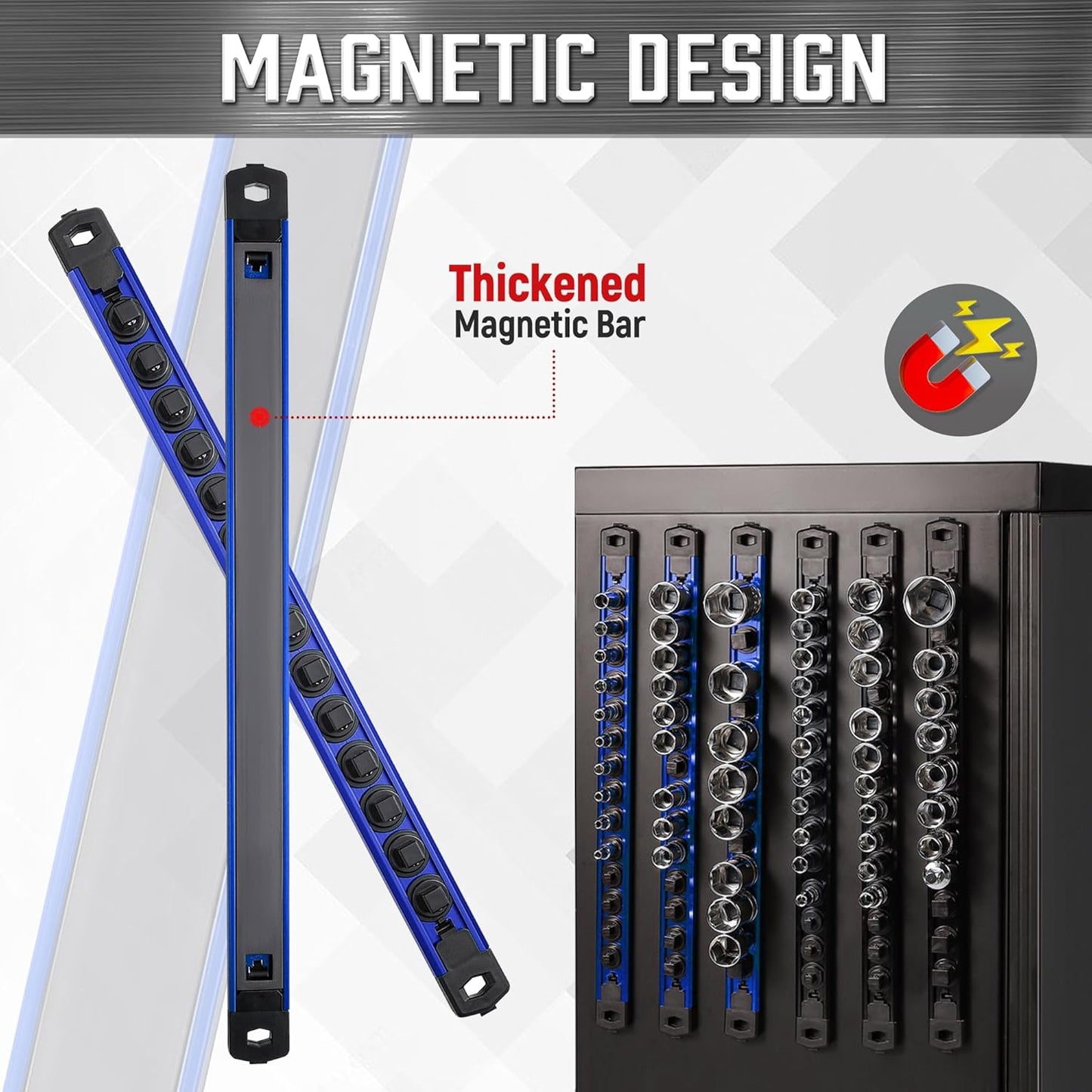 ALOANES 6-Piece Magnetic Rail Organizer, Heavy Duty Aluminum Rails, 360 Swivel Clips Socket Holder Kit for Tool Box, 1/2, 3/8, 1/4-Inch Socket Holder x 80 Clips (Blue)