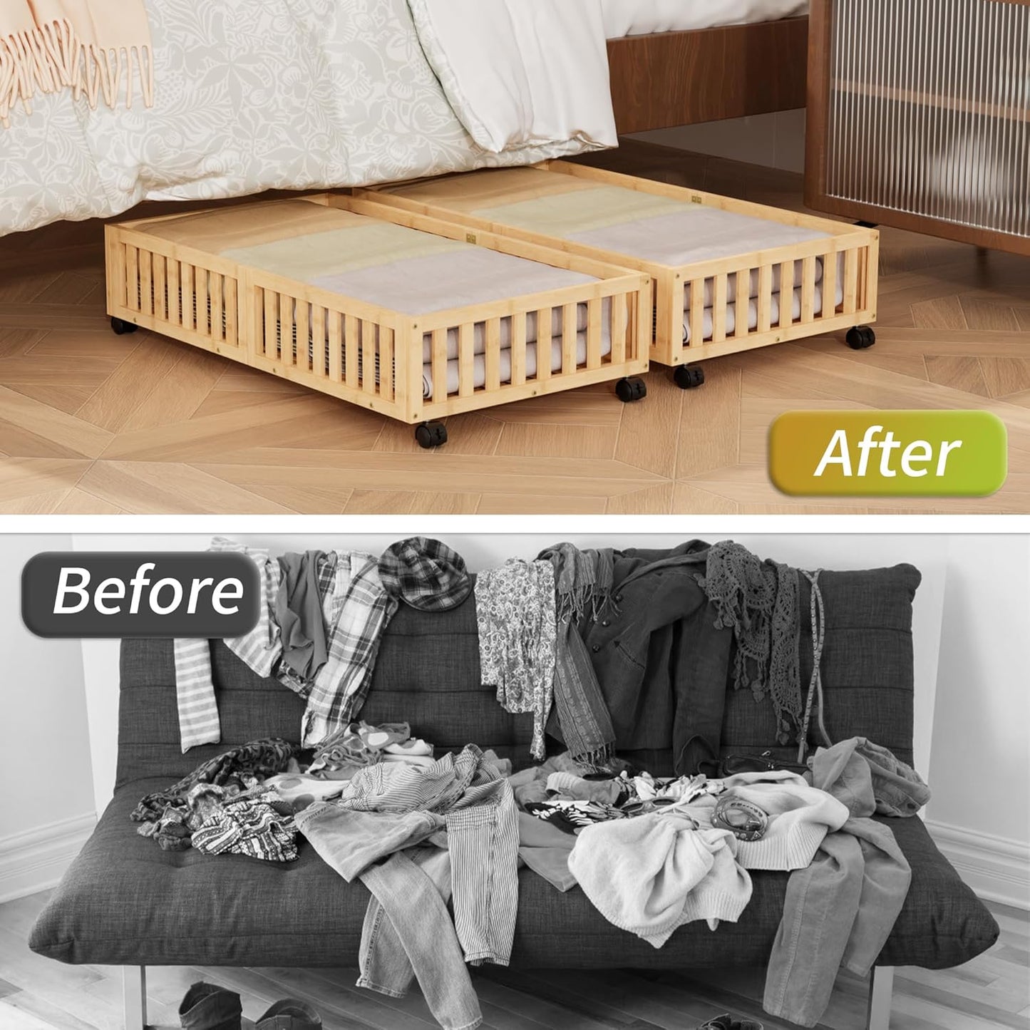 Bamboo Under Bed Storage with Wheels,Rolling Underbed Shoe Organizer Box for Shoes,Blankets,Toys,Clothes Container Space-Saving Bins for Bedroom,Closet,Dorm,Nursery