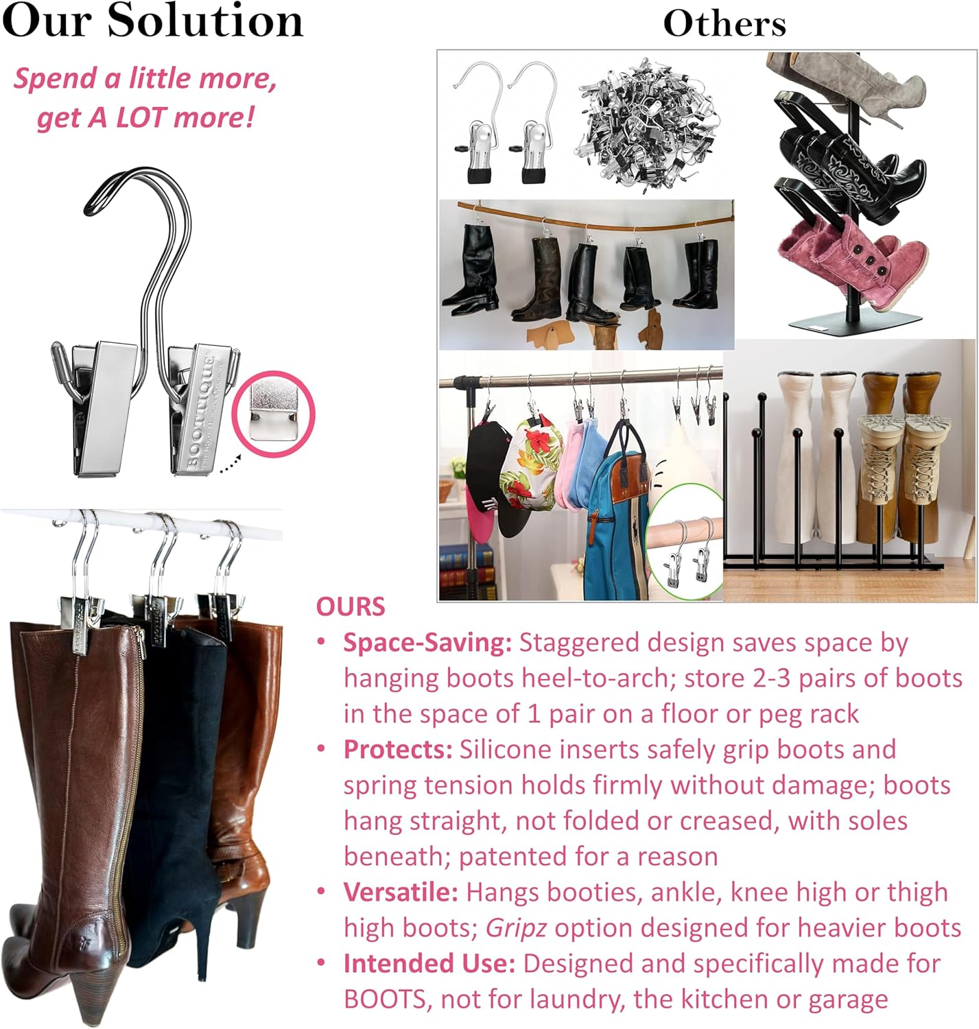 Boottique Boot Organizer: The Boot Rack Fits in Most Closets- Hangs, Holds, Shapes, & Protects Every Size and Style of Boots (6 Boot Hangers) (3 Silver Hangers Add-on)