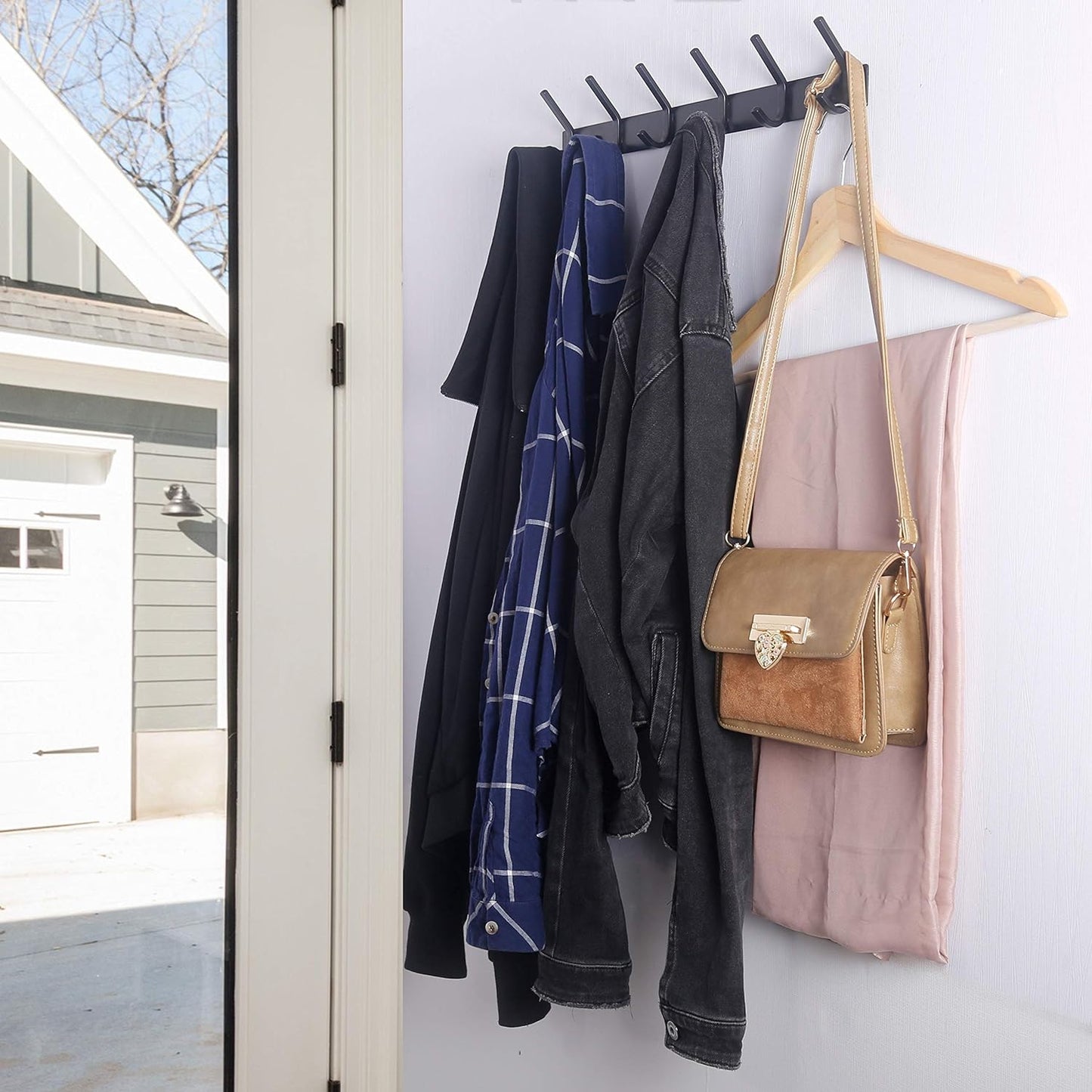 WEBI Coat Rack Wall Mounted,5 Coat Hooks for Hanging Coats,Heavy Duty Metal Double Hook Rack Hook Rail Wall Coat Rack with Hooks Coat Hanger Wall Mount for Clothes Entryway Jacket,Black