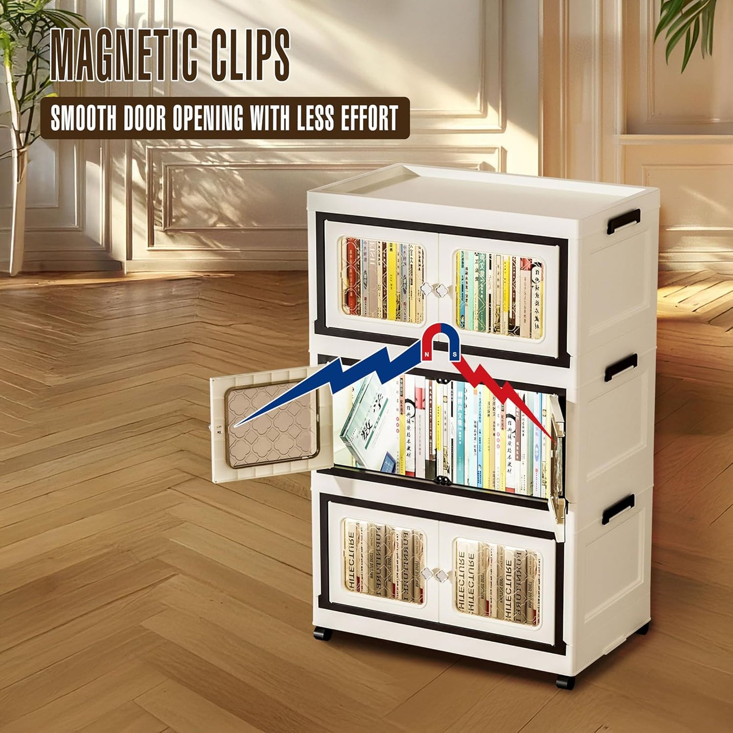 SunSettler Stackable Storage Bins with Lids, Folding Storage Cabinets with Doors and Wheels, Collapsible Plastic Storage Bins for Closets, Stackable Storage Organizer(Transparent, 3-Tier)