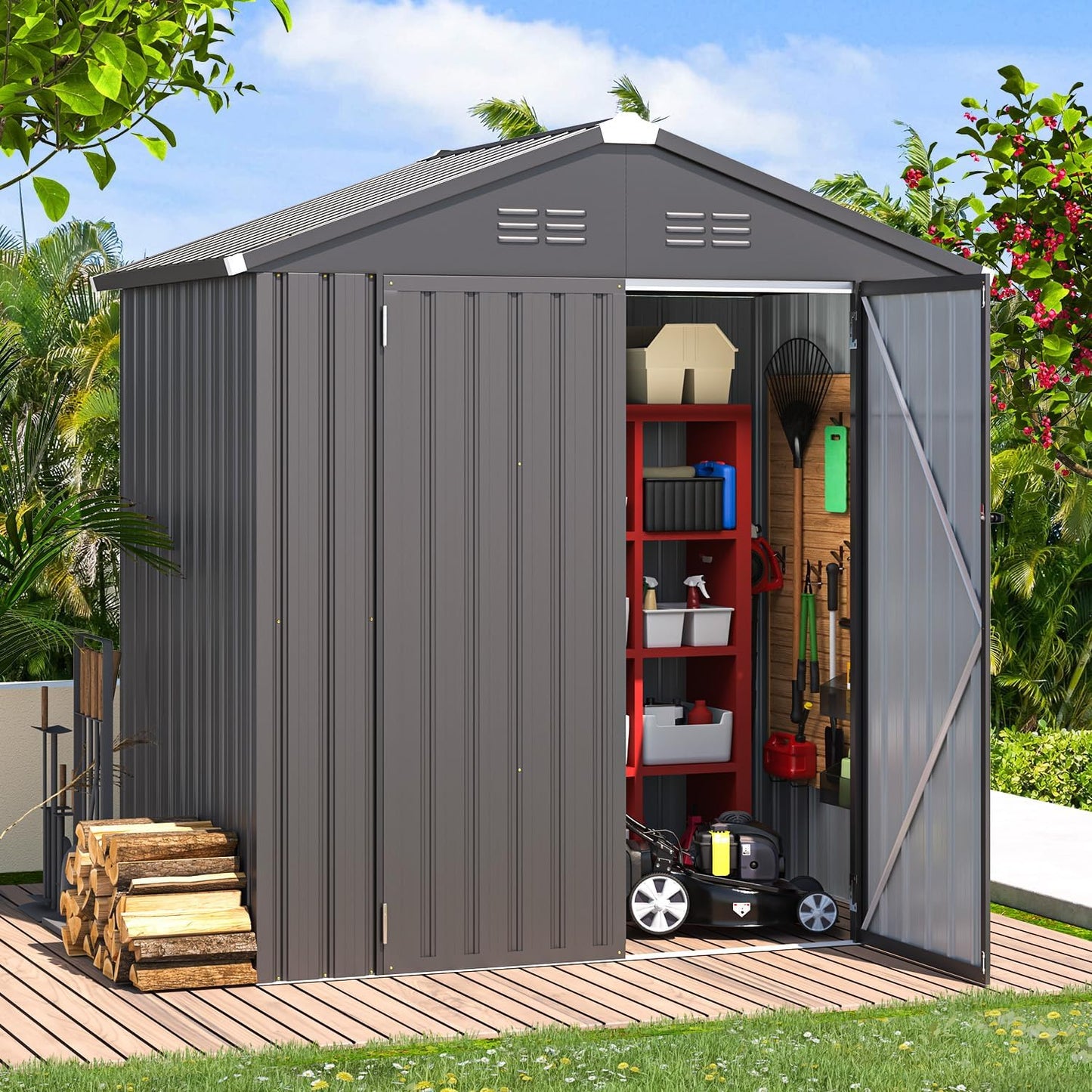 AECOJOY 6' x 4' Outdoor Storage Shed, Dark Grey 4x6 Metal Sheds & Outdoor Storage Clearance, Utility and Tool Garden Shed with Lockable Doors for Backyard, Patio, Outside Use