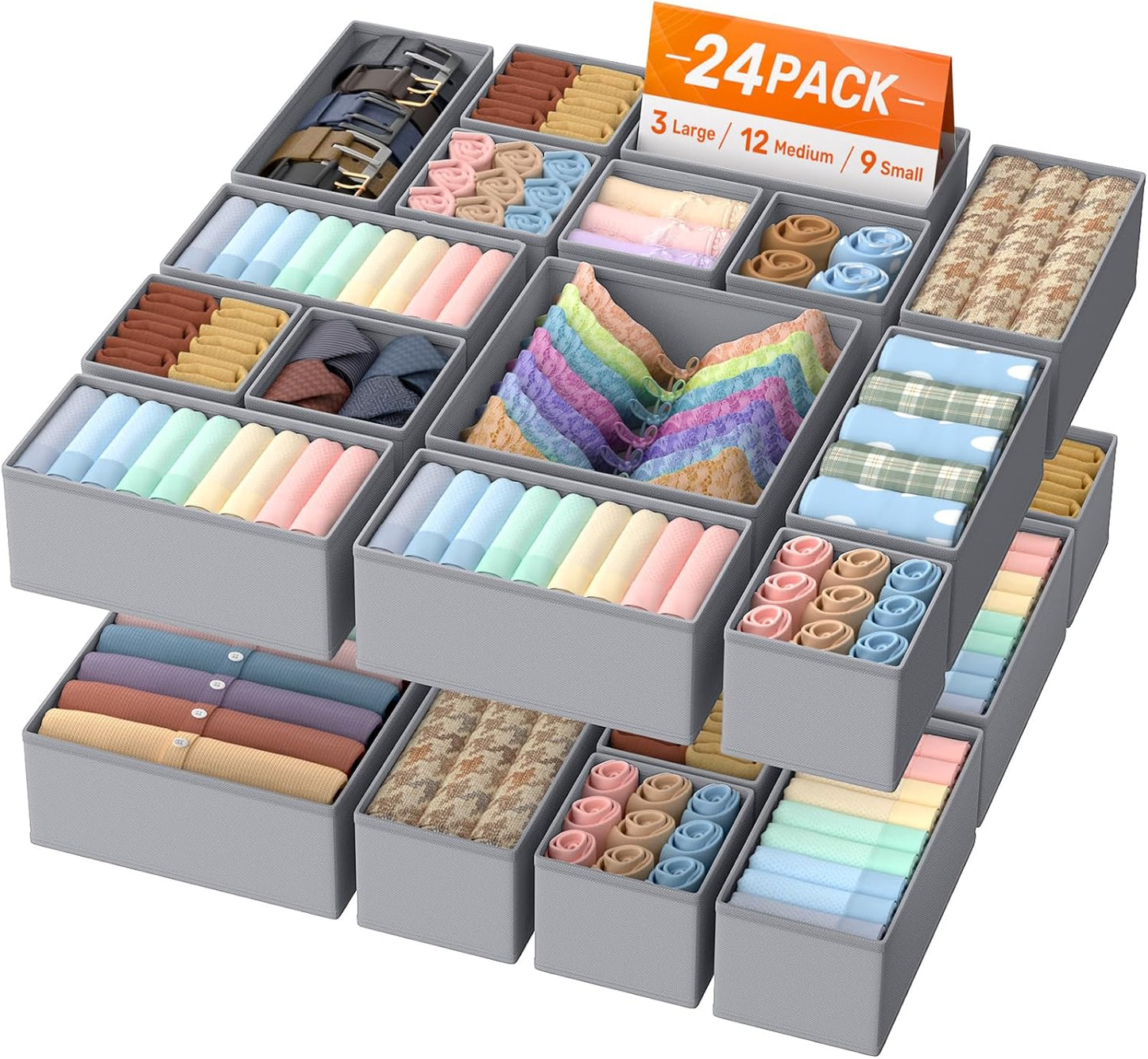 Drawer Organizer Clothes, 24 Pack Drawer Organizers and Underwear Organizer for Nursery, Dividers Clothes Organizer, Closet Organization and Foldable Storage Bins for Socks, Bra, Tie, Grey