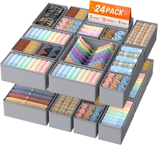 Drawer Organizer Clothes, 24 Pack Drawer Organizers and Underwear Organizer for Nursery, Dividers Clothes Organizer, Closet Organization and Foldable Storage Bins for Socks, Bra, Tie, Grey