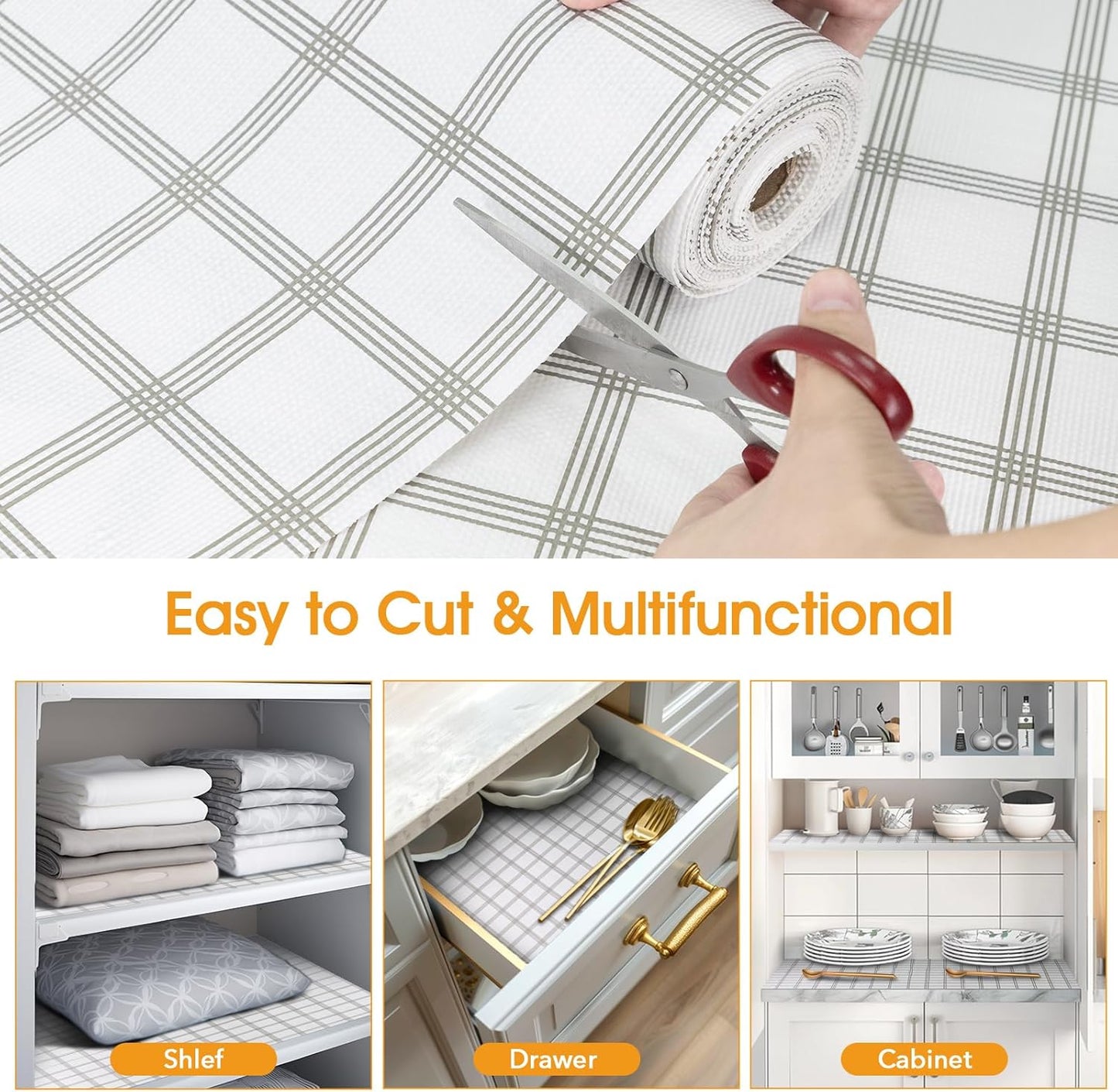Shelf and Drawer Liner for Kitchen Cabinets Non-Adhesive, Strong Grip Non-Slip Thickened Cabinet Liners for Shelves, Waterproof Mats for Dresser Cupboard, White Square, 12 in x 20 Feet
