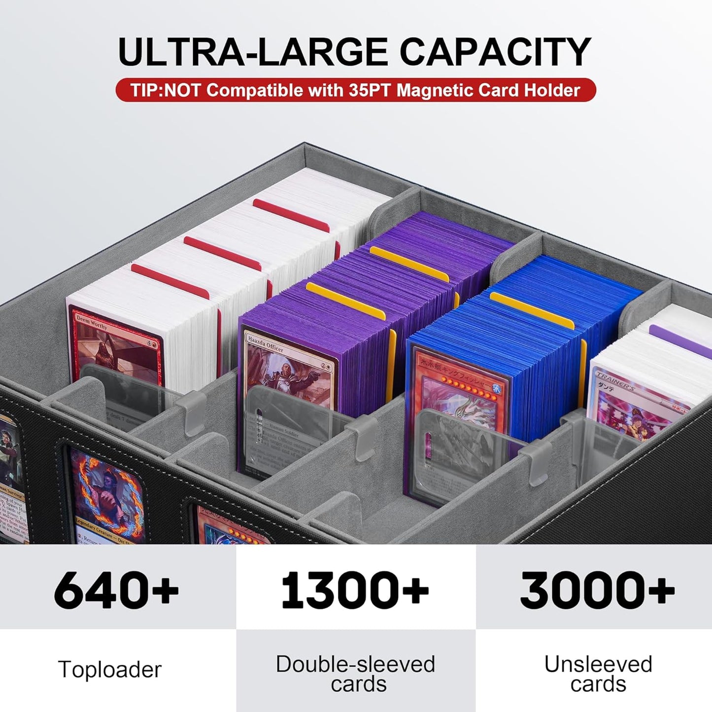 Trading Card Storage Box with Portable Handle, 3000+ MTG Storage Box with 4 Card Stoppers Commander Display Deck Box Card Case Top Loaders MTG TCG Sports Cards Commander Deck Box(Black&gray)