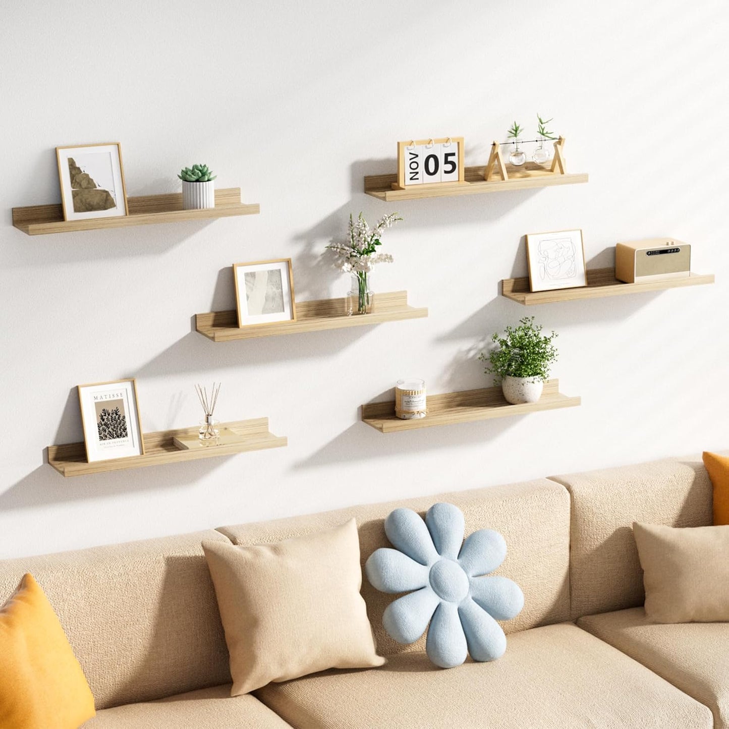 upsimples Floating Shelves for Wall, 23.6 Inch Shelves for Decor Storage Set of 6, Wall Mounted Wood Shelf for Bedroom, Living Room, Bathroom, Kitchen, Long Picture Ledge Shelves, Natural