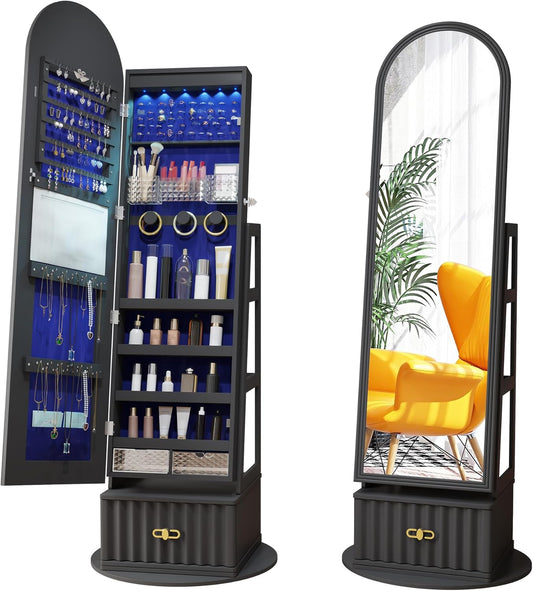 63" Full Length Mirror Jewelry Cabinet with Storage – Rotating, Lockable Jewelry Armoire with Velvet Lining, Standing Organizer for Women – Ideal Gift for Jewelry Storage & Display, Black