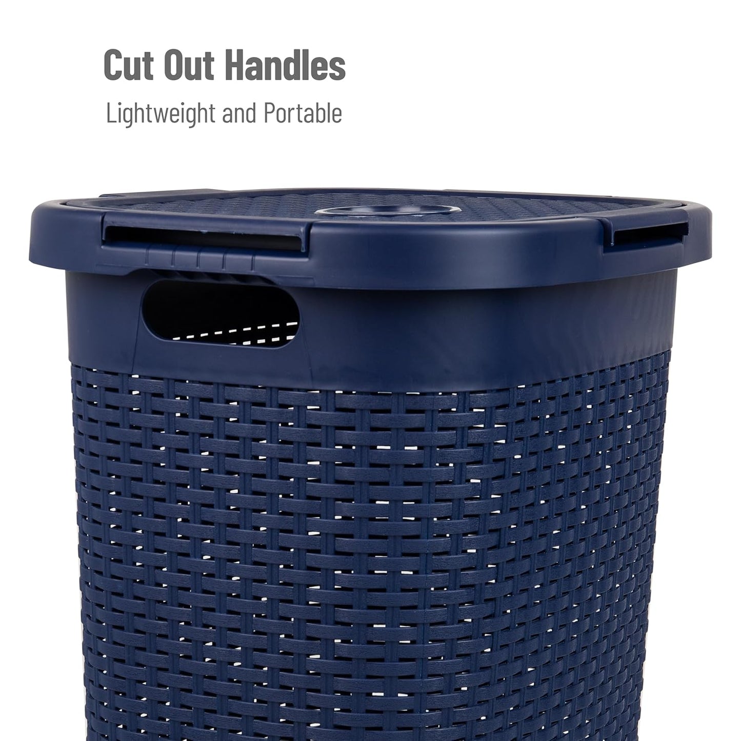 Mind Reader Slim Laundry Hamper with Lid, 60L Clothes Basket, Premium Wicker Design, Plastic, Navy