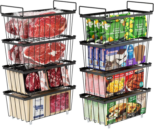 iSPECLE Freezer Organizer Bins - 8 Pack Small Stackable Deep Freezer Organizer Bins for 7 Cu.Ft Freezers Easy Get Bottom Foods without Digging, Chest Freezer Organizer Prevent Frozen Food Waste, Black