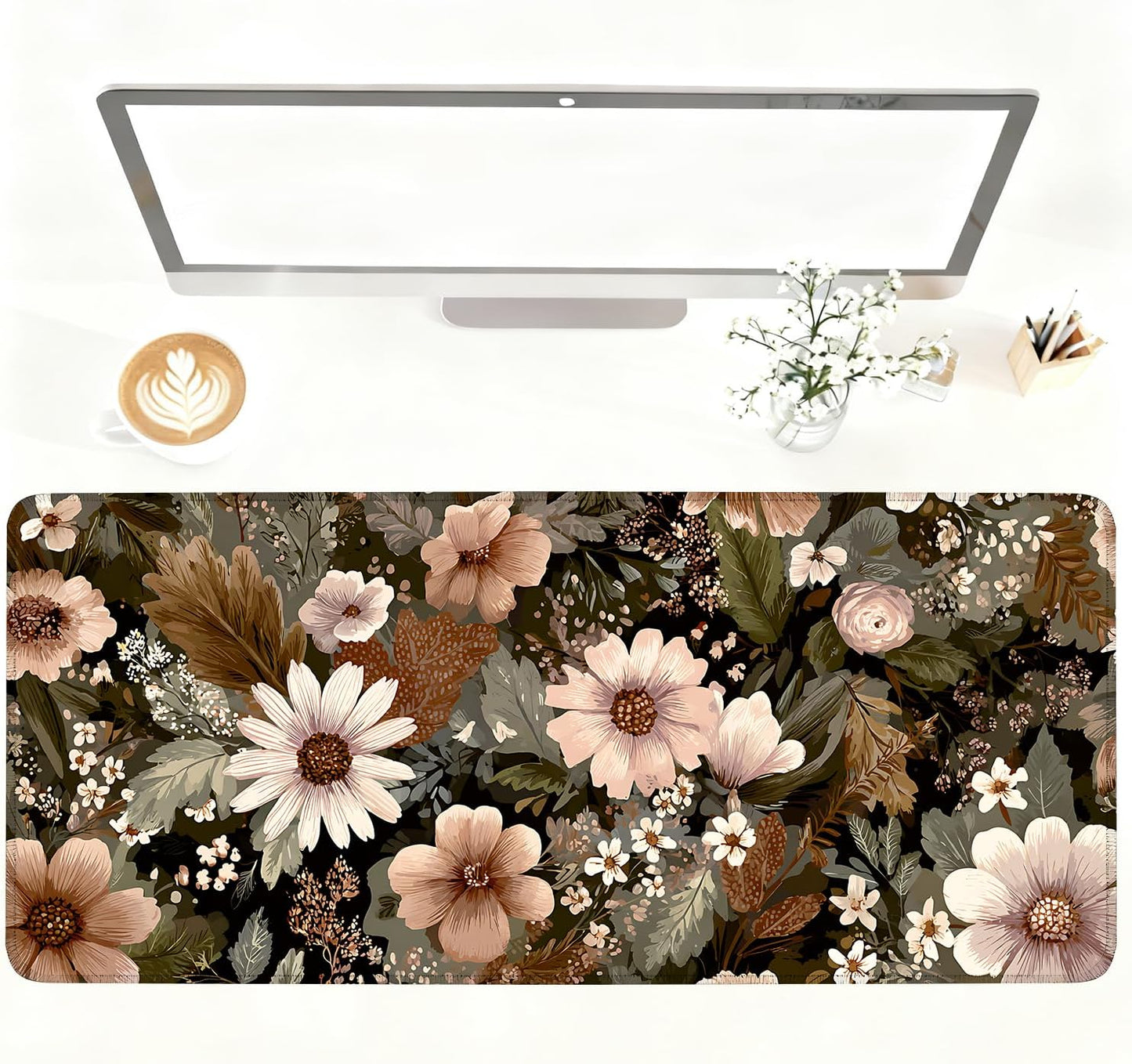 Vintage Beige Floral Mouse Pad – Large Extended Desk Mat 35.43 x 15.75 in – Neutral Retro Botanical Design, Non-Slip Rubber Base, Waterproof Surface, Oversized Keyboard & Mouse Pad for Office or Home