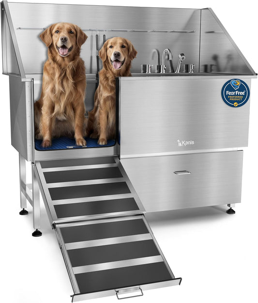 KANIS Professional Dog Washing Station - 304 Stainless Steel Pet Wash Sink & Grooming Bathtub w/Shower, Floor Grates and Storage for Large, Medium & Small Pets (61", 1 Drawer - Left Ramp)