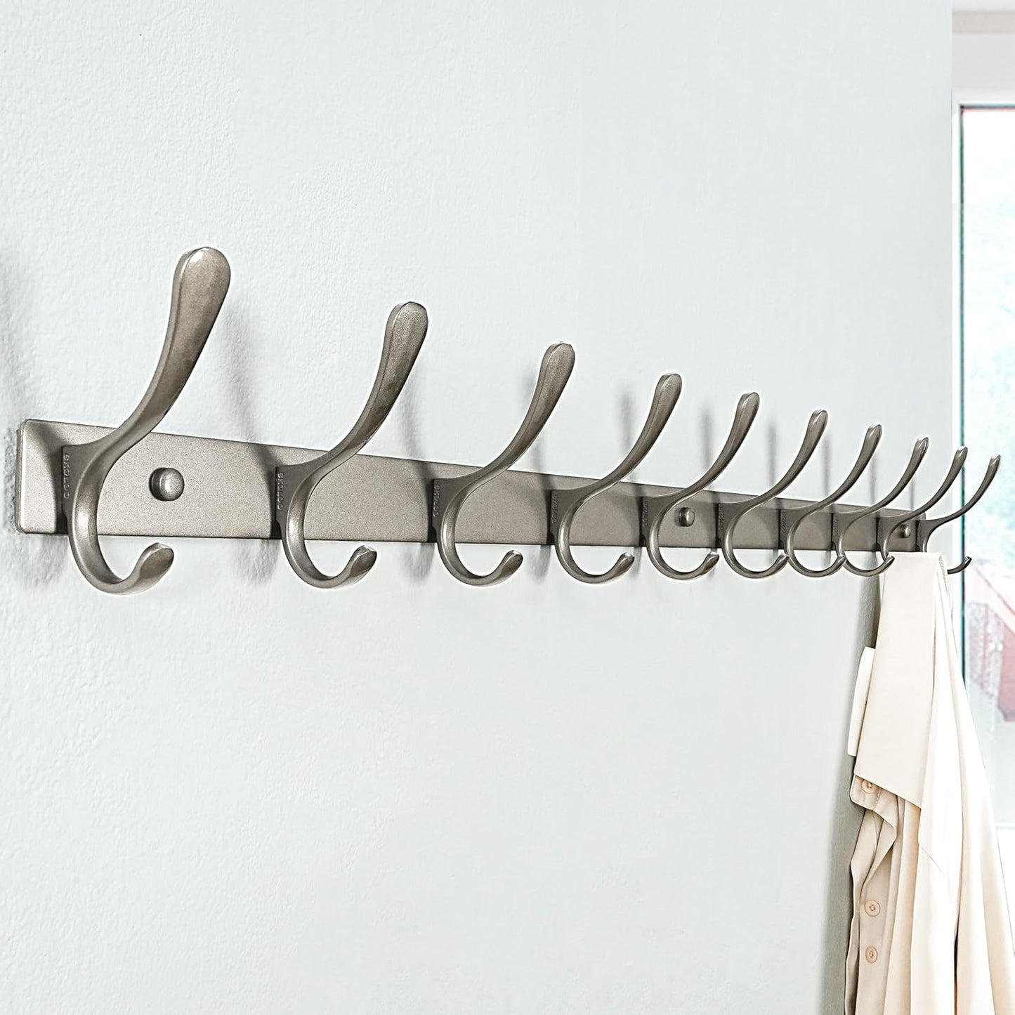 SKOLOO Coat Rack Wall Mounted - 10 Hooks, Pack of 2, Heavy Duty, Stainless Steel, Metal Wall Hangers, Sturdy Coat Hooks for Hanging Coats, Jacket, Clothes, Hat, Matte Grey
