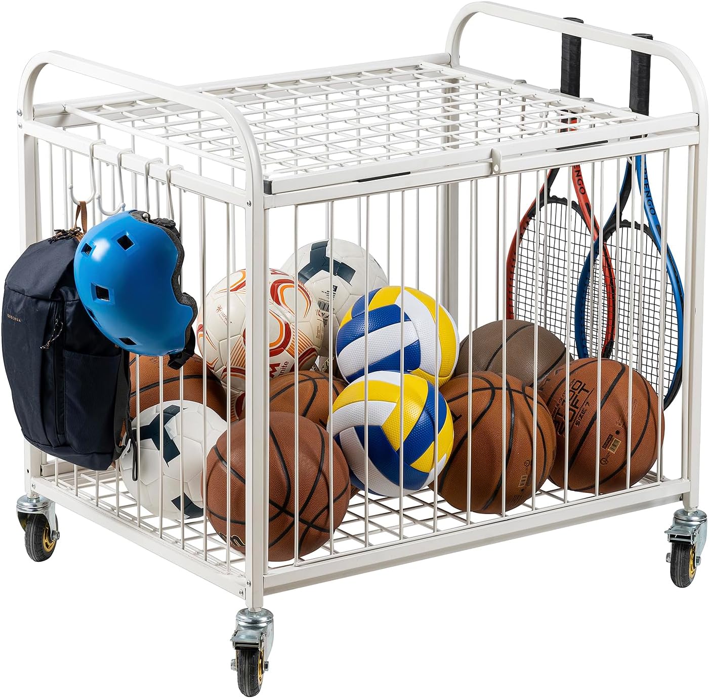 MyGift Large Capacity Metal Rolling Multi Sports Ball Cage Storage Hopper, Gym Equipment Basket Cart with Lockable Latch, Heavy Duty Caster Wheels, and 8 Accessory Hooks