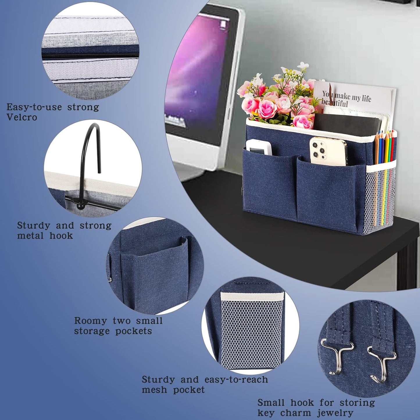 Bedside Caddy Bedside Storage Organizer Hanging Bunk Bed Dorm Room with Side Pockets for Water Bottles, Books, Cell Phones, Headphones (Dark Blue)