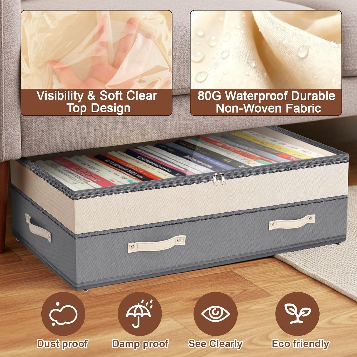 Dolicer 4 Pack Under Bed Storage with Wheels, 6in-10in Height Adjustable Underbed Storage Containers, 92L XXXL Under Bed Drawers Rolling Bin with Clear Lids for Dorm Shoes Clothes Organizers(Grey)