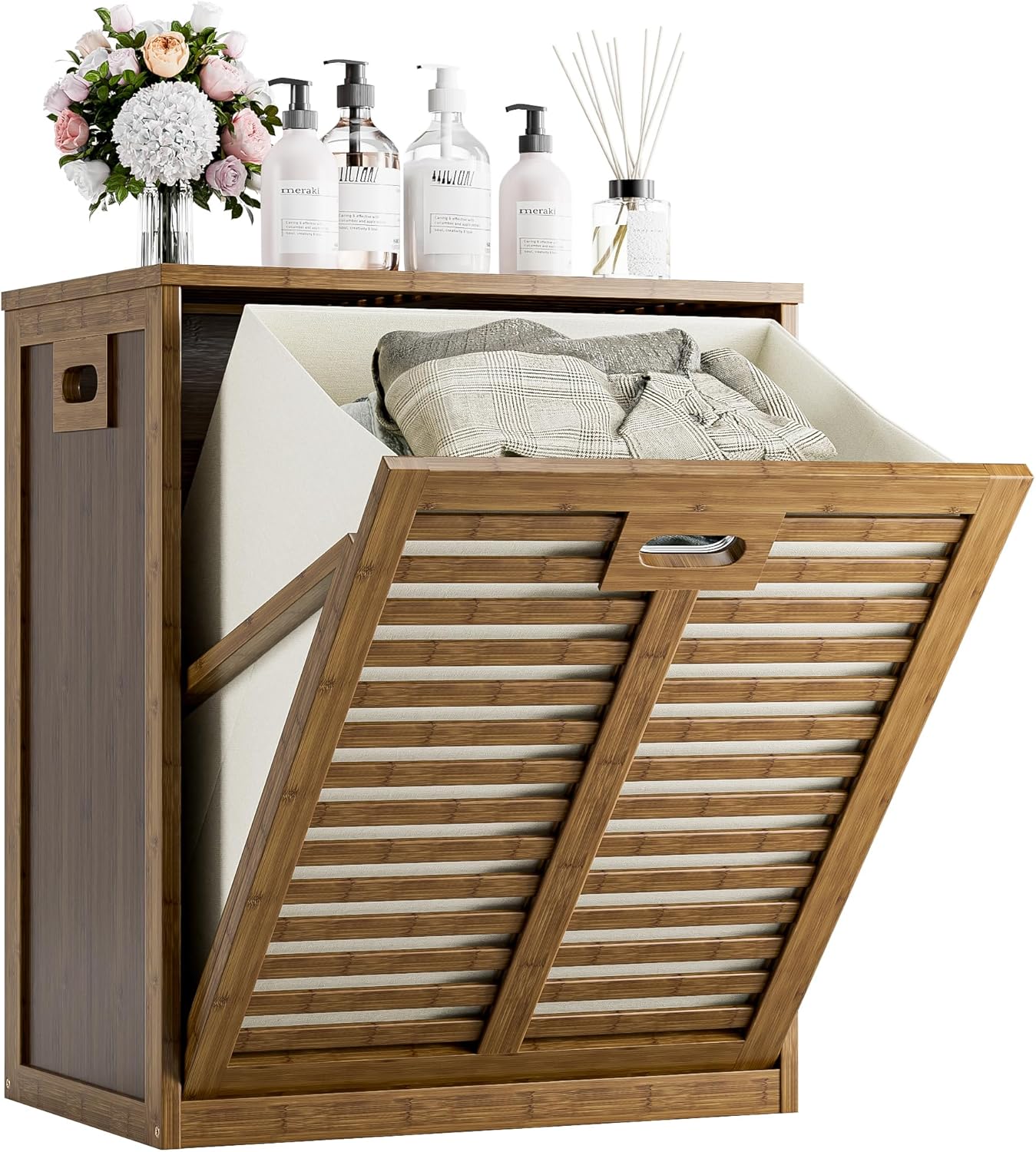 HITNET Bamboo Tilt Out Laundry Hamper, Bathroom Storage Cabinet with Hidden Removable Basket and 3 Sides Cutout Handles, Freestanding Kitchen Trash Can Cabinet, Walnut