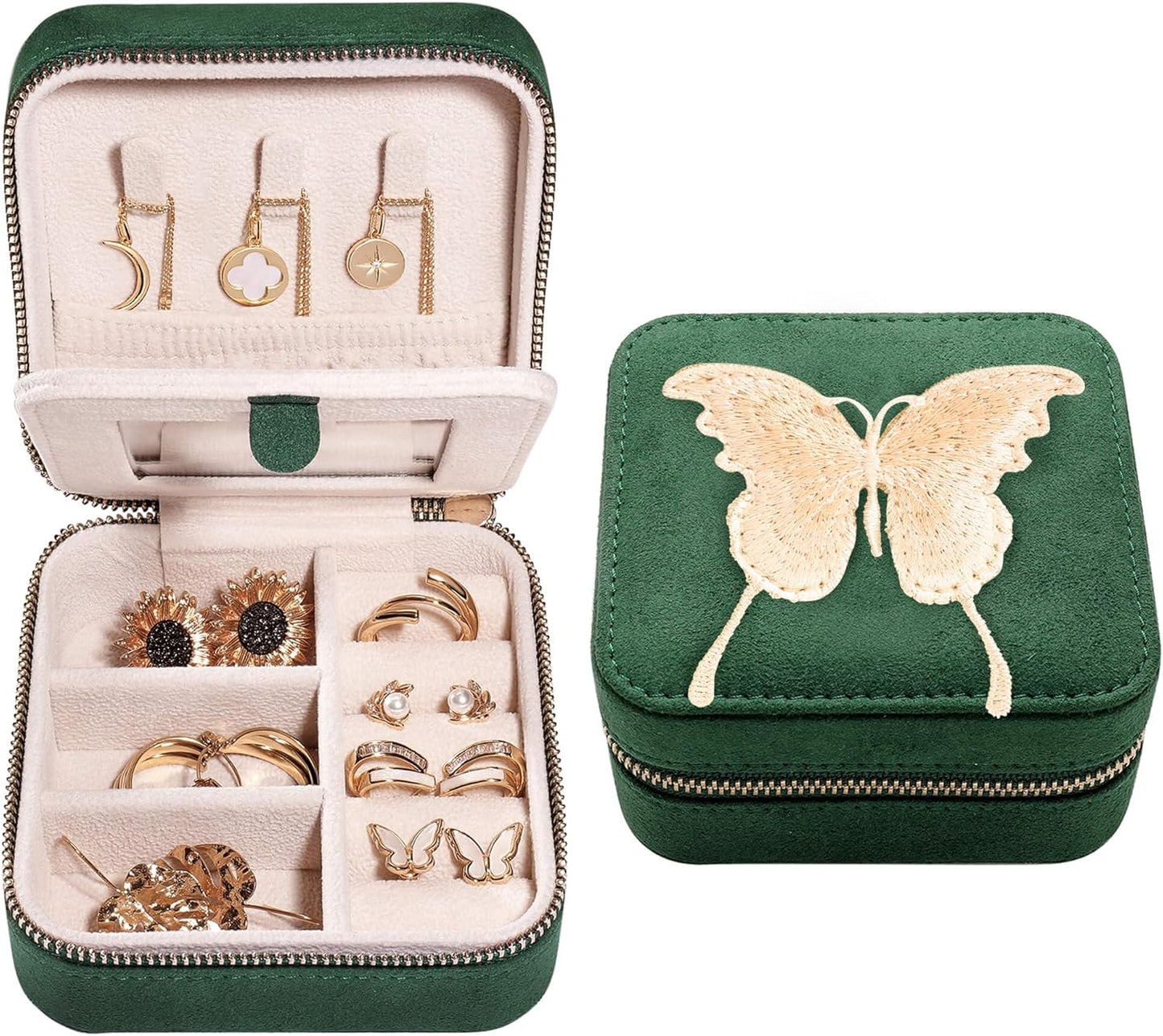 S.Leaf Travel Jewelry Organizer Boxes for Women Small Portable Necklace Earrings Bracelet Rings Travel Case Best Friend Birthday Gifts for Women Trendy (Butterfly_Green_Gold)