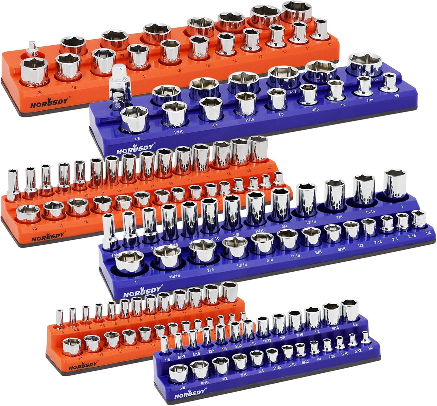 HORUSDY 6-Piece Magnetic Socket Organizer Set, 1/4", 3/8", 1/2" Drive Holders for 143pcs, Magnetic Trays for Socket Storage