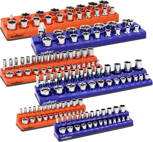 HORUSDY 6-Piece Magnetic Socket Organizer Set, 1/4", 3/8", 1/2" Drive Holders for 143pcs, Magnetic Trays for Socket Storage