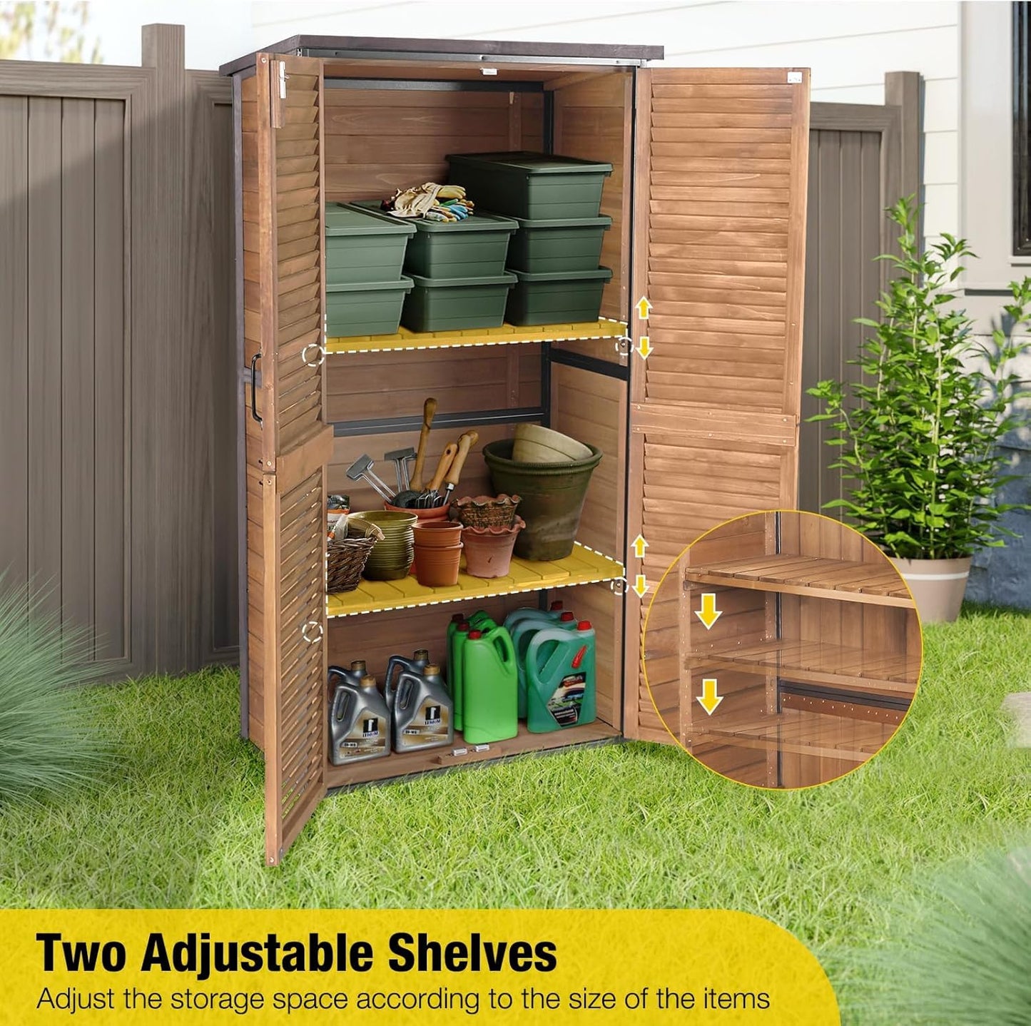 Aivituvin Outdoor Storage Shed with Adjustable Shelves and Floor, Garden Sheds with Iron Frame and Wooden Frame, Outdoor Tool Cabinets with Inclined Weatherproof Roof