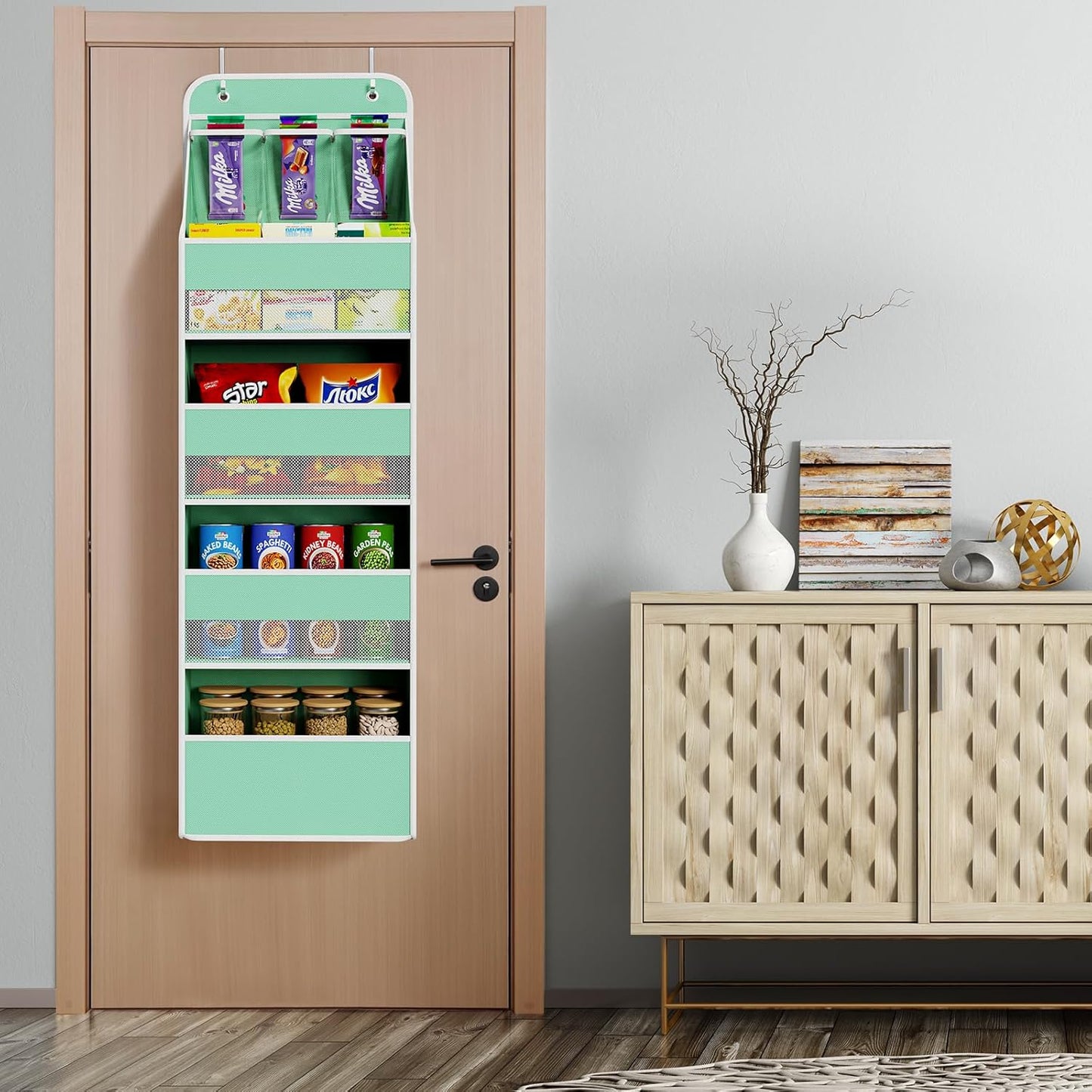 Univivi 5-Shelf Fabric Door Storage Over Door Hanging Organizer with 4 Large Pockets and 3 Small PVC Pockets Nursery Closet Cabinet Wall Mount Hanging Storage Organizers for Baby Nursery (Green)