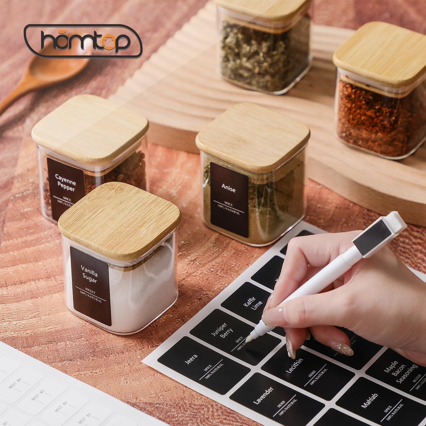 12Pcs 4oz Spice Jars with 275 Labels, Small Seasoning Glass Container Empty Organizer with Bamboo Lid Set for Pepper, Salt, Sugar