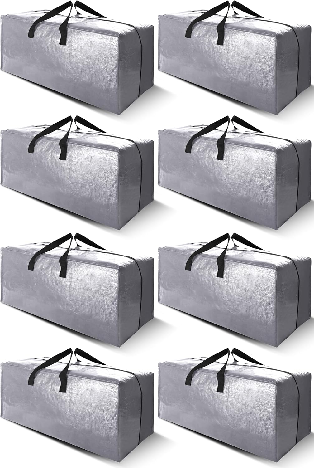 Cosy Family 8 Pack Heavy Duty Extra Large Moving Bags with Backpack Straps - Strong Handles & Zippers, Storage Totes For Space Saving, Fold Flat, Alternative to Moving Box (Set of 8, Silver)