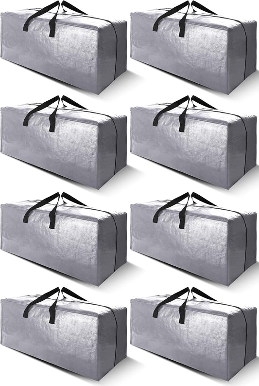 Cosy Family 8 Pack Heavy Duty Extra Large Moving Bags with Backpack Straps - Strong Handles & Zippers, Storage Totes For Space Saving, Fold Flat, Alternative to Moving Box (Set of 8, Silver)