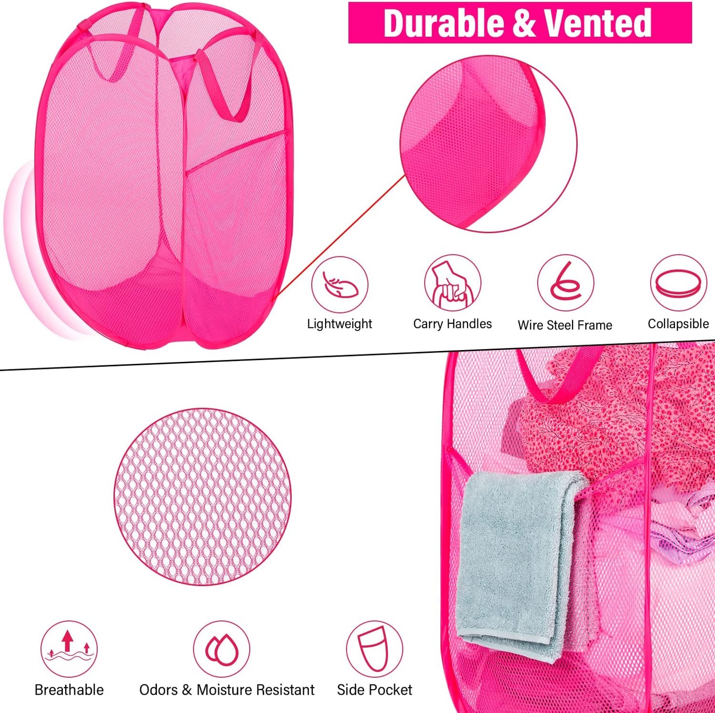 BATTOO Deluxe Strong Mesh Pop up Laundry Hamper Basket with Side Pocket for Laundry Room, Bathroom, Kids Room, College Dorm or Travel 2 Pack Blush