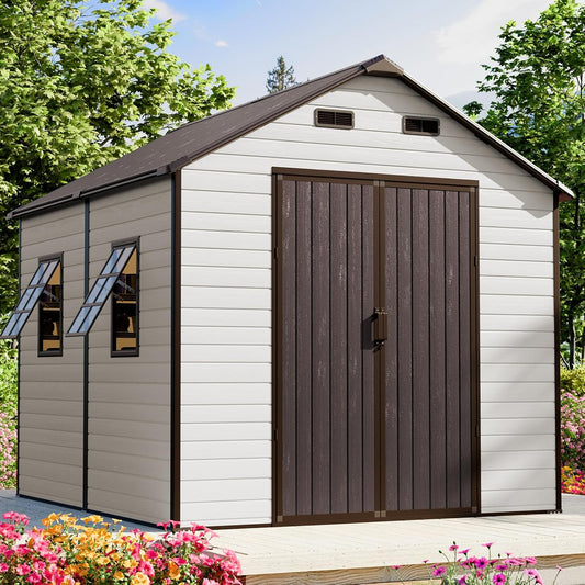 8x8 FT Outdoor Storage Shed, Waterproof Resin Shed with Floor Included & Lockable Door & Window & Vents, Outside Plastic Sheds for Backyard, Patio, Poolside, Lawn, Dove Grey
