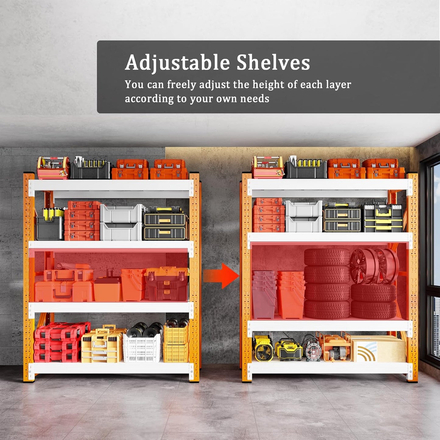 3000LBS Garage Shelving 42" W Garage Shelving Heavy Duty 4-Tier Metal Storage Shelves Adjustable Shelf Unit Storage Rack for Basement Supermarket Warehouse 42" W x 20" D x 78" H Orange-White
