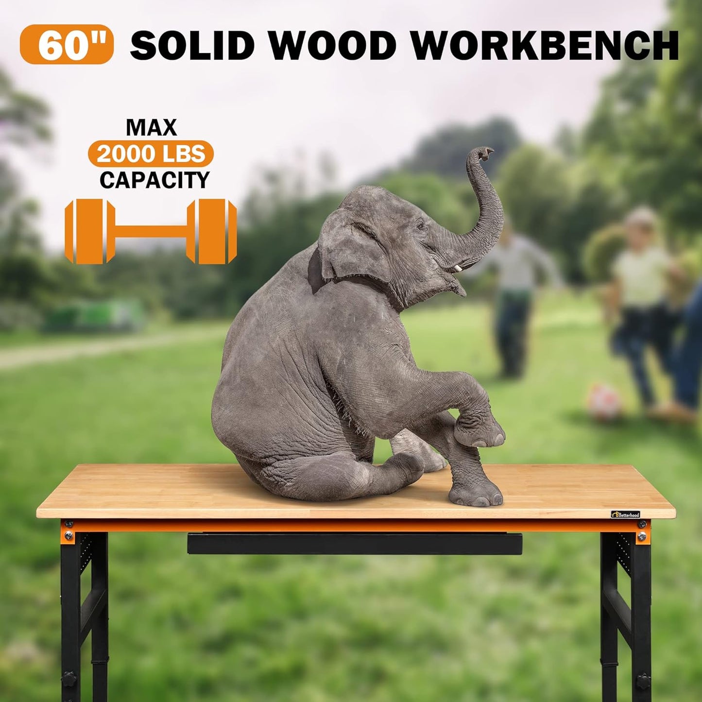 Betterhood 60" Adjustable Workbench for Garage, Rubber Wood Shop Table W/Wheels & Double Pegboards & Drawer, 2000 LBS Load Capacity Hardwood Worktable for Workshop, Garage, Office, Home, Commercial