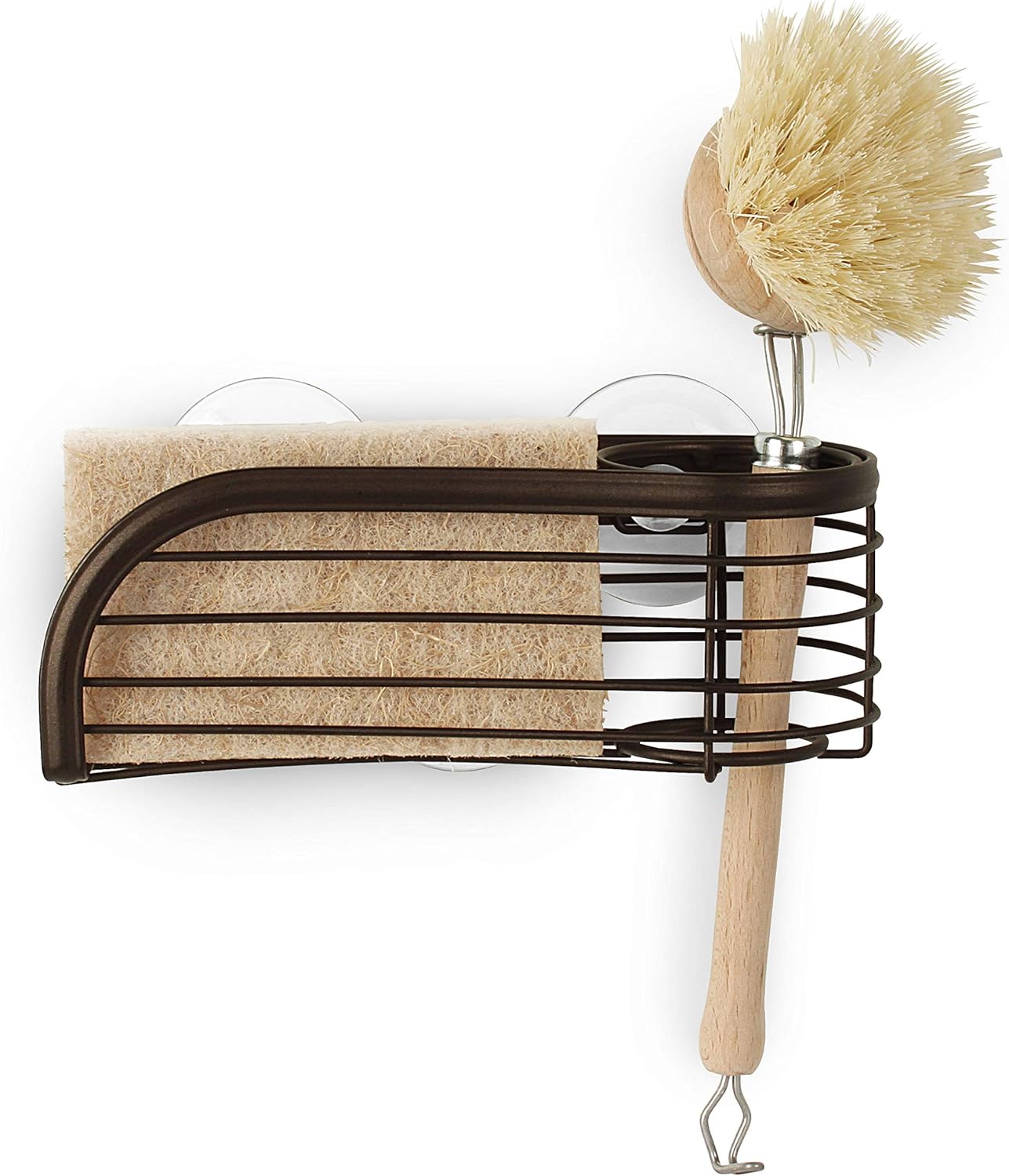 Spectrum Sink Sponge and Brush Holder with Suction Cups Ashley 2 in 1 Sink Caddy Bronze, No Rust Easy Mount Suction Cup Kitchen Sponge and Brush Holder Hanging Wire Cradle Promotes Quick Drying