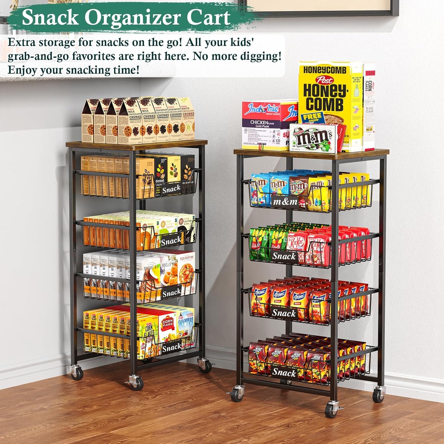 Fruit Basket, 5-Tier Utility Kitchen Organizer and Storage Cart with Pull-Out Baskets and Wood Top, Rolling Pantry Kitchen Cart on Wheels for Fruit Potato Onion Vegetable Snack Produce