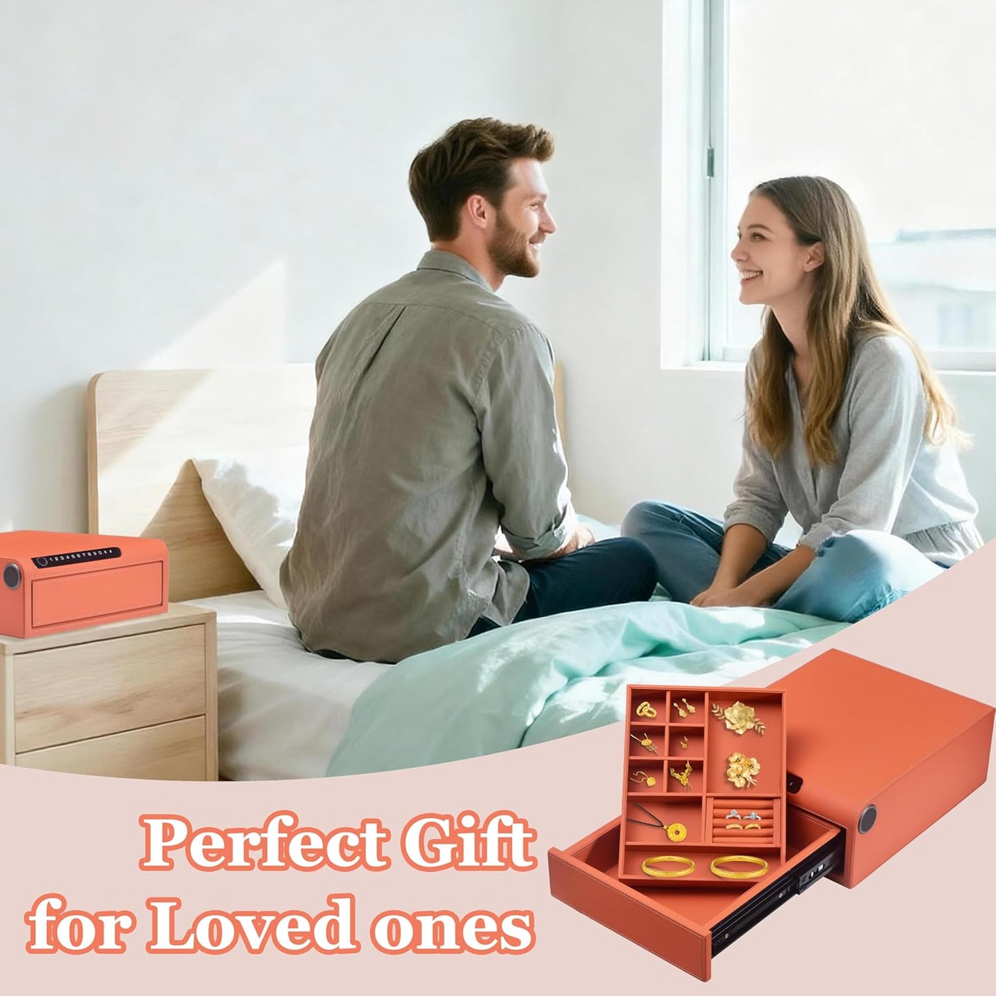 Biometric Fingerprint safe, Slide-Away Handgun Safe for Pistols, Leather Wrapped Jewelry Storage Safe, Drawer Safe for Home,Digital Keypad & Quick-Access Drawer (Orange-1 Drawer)