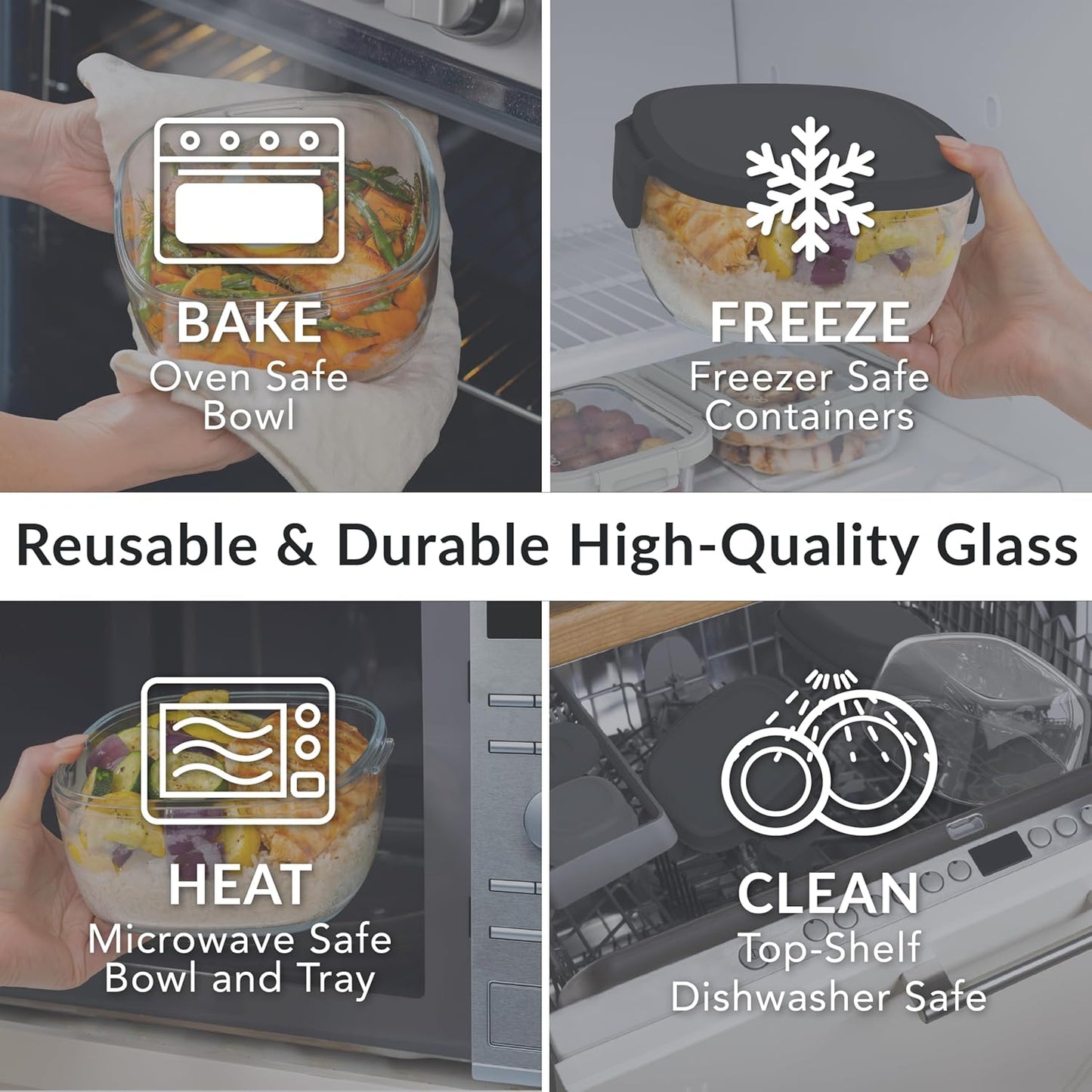 Bentgo Glass All-in-One Salad Container - Large 61-oz Salad Bowl with Lid, 4-Compartment Bento-Style Tray, 3-oz Sauce Container, and Reusable Fork - Dishwasher, Microwave, and Oven Safe (Black Onyx)