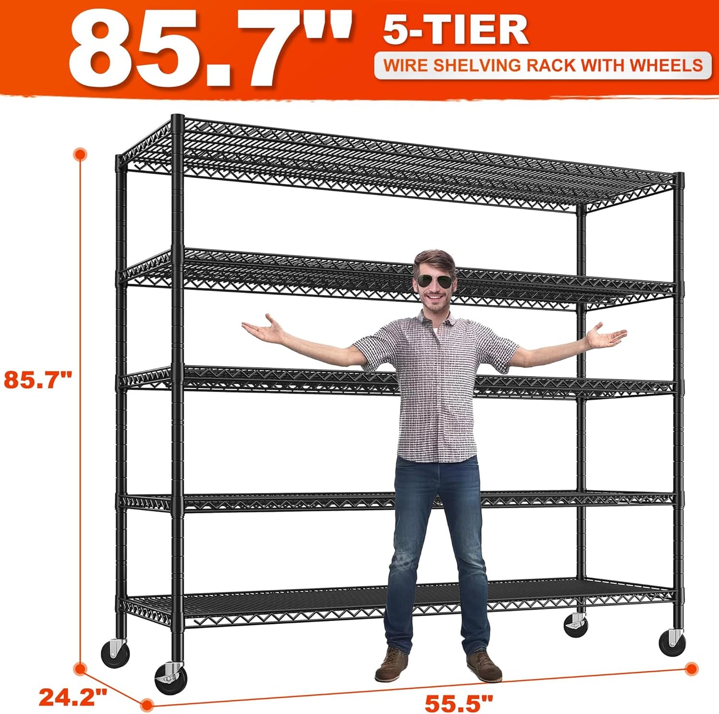 REIBII 85.7"H Garage Shelving 2998LBS Storage Shelves with Wheels&Feet,5 Tier Garage Shelves Heavy Duty Adjustable Wire Shelving for Basement Commercial Industrial Pantry, 85.7"H X 55.5"W X 24.2"D
