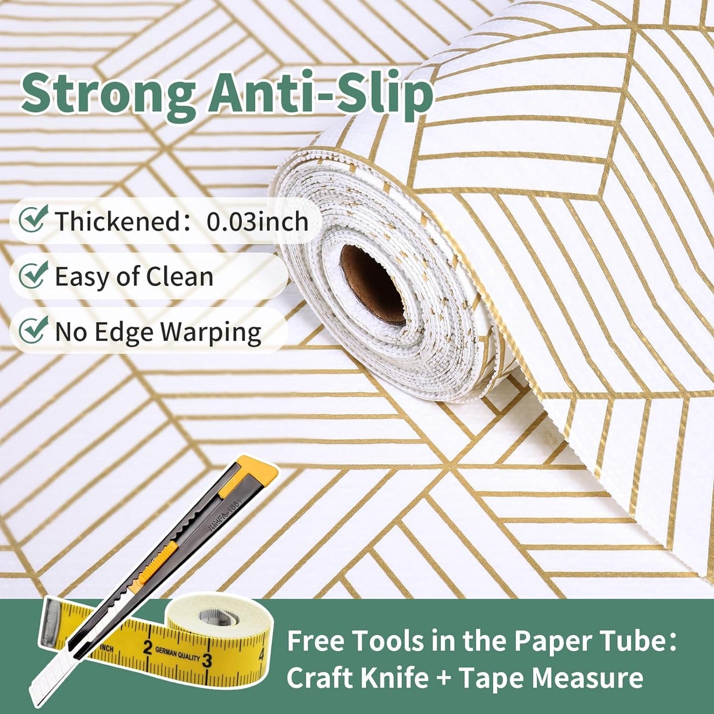 Shelf Liners for Kitchen Cabinets 12in x 30FT, Non Adhesive Cabinet Liner Strong Non-Slip Thickened Gold Geometric Drawer Liner, Easy to Clean for Shelf, Cabinet with Knife and Tape Measure