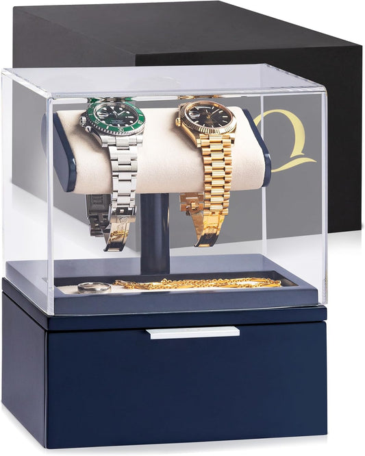 QWATCH Watch Stand Display Case - Acrylic Watch Box for 2 or 4 Watches with Jewelry Valet Tray and Drawer