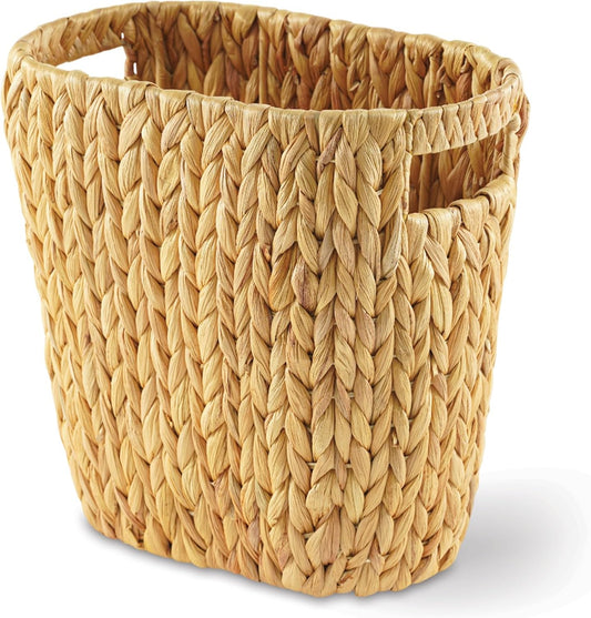 GREENATURAL Wicker Trash Can, Handwoven Water Hyacinth Waste Basket, Wicker Storage Bin with Natural Finish, Rustic Garbage Can for Laundry Room, Bathroom, Bedroom, Office, 13x7.5x12.25 inches