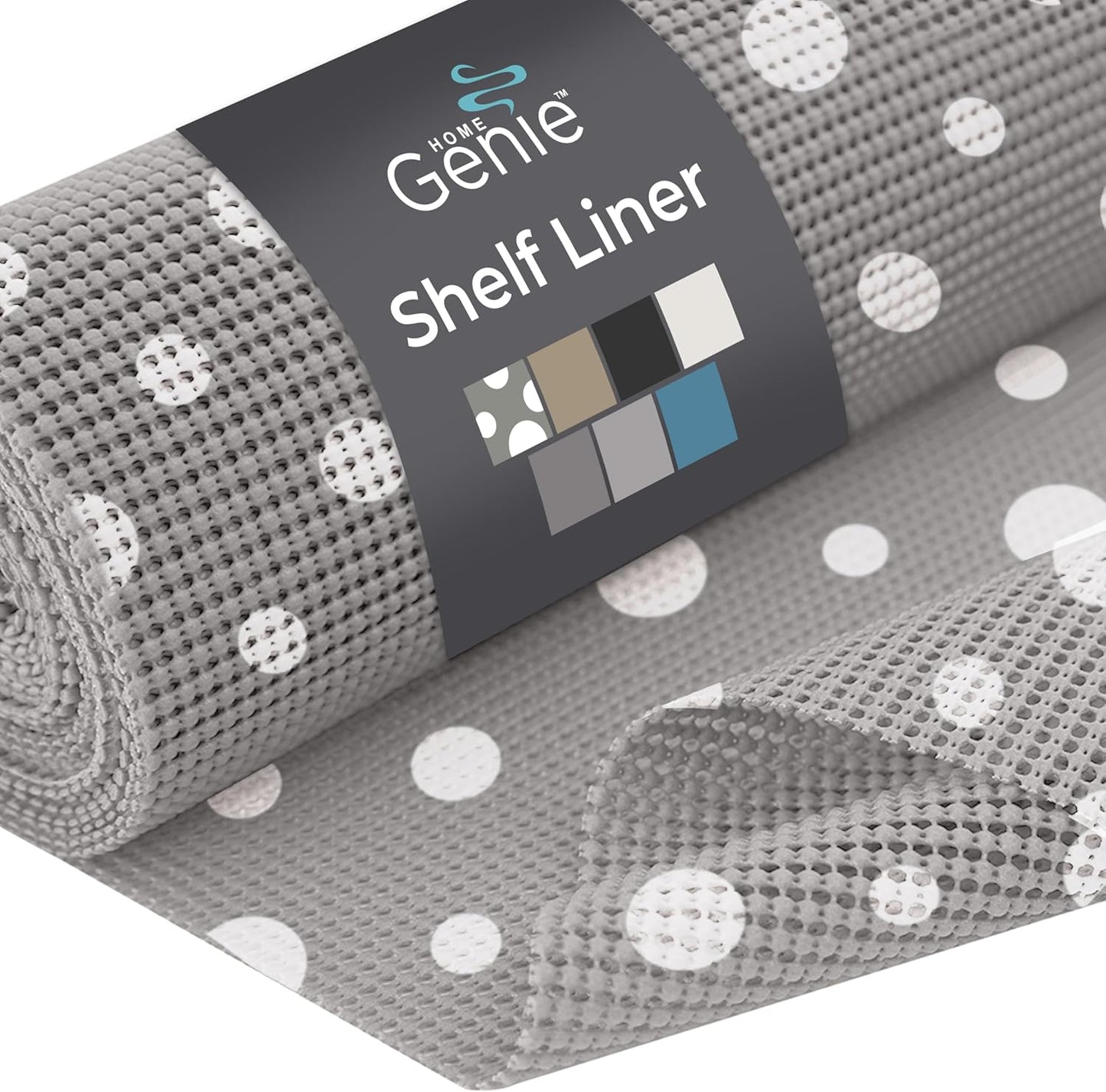 HOME GENIE Shelf Drawer and Cabinet Liner, Durable with Strong Grip, 17.5 in x 10 FT, Non Adhesive Liners Protect Kitchen Cabinets and Cupboard, Bathroom Drawers and Shelves, Desks, Dots Gray White