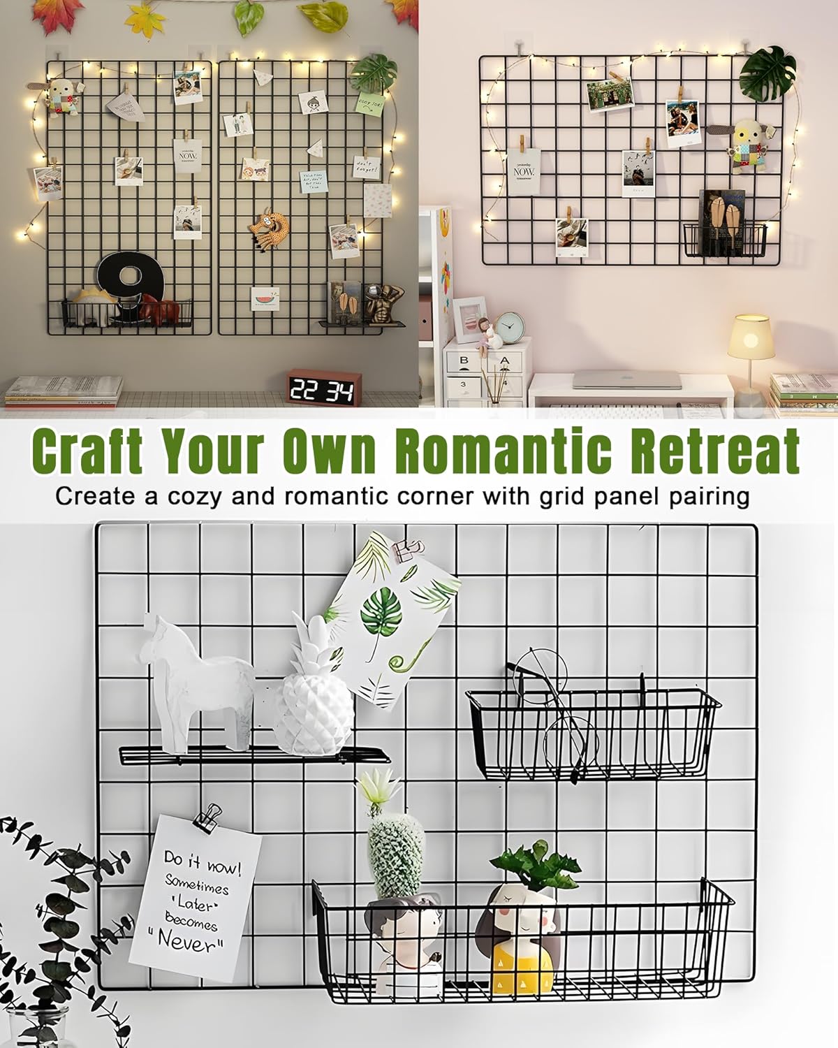 3 Pack Wall Basket, Hanging Wire Basket for Wall Grid Panel, Metal Hanging Baskets for Organizing, Wire Wall Baskets for Storage, Home Decor, Grid Wall Accessories